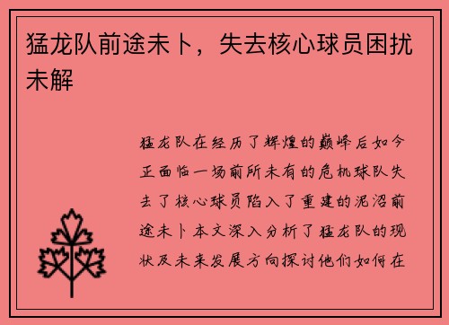 猛龙队前途未卜，失去核心球员困扰未解