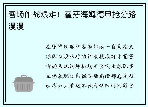 客场作战艰难！霍芬海姆德甲抢分路漫漫