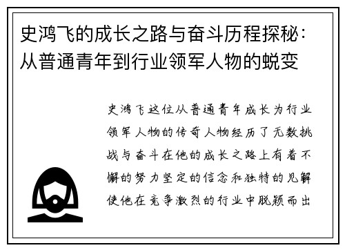史鸿飞的成长之路与奋斗历程探秘：从普通青年到行业领军人物的蜕变