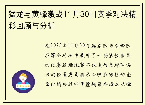 猛龙与黄蜂激战11月30日赛季对决精彩回顾与分析