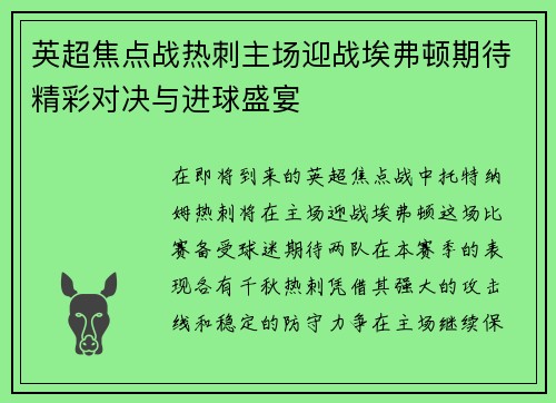 英超焦点战热刺主场迎战埃弗顿期待精彩对决与进球盛宴