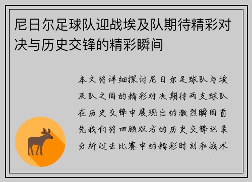 尼日尔足球队迎战埃及队期待精彩对决与历史交锋的精彩瞬间