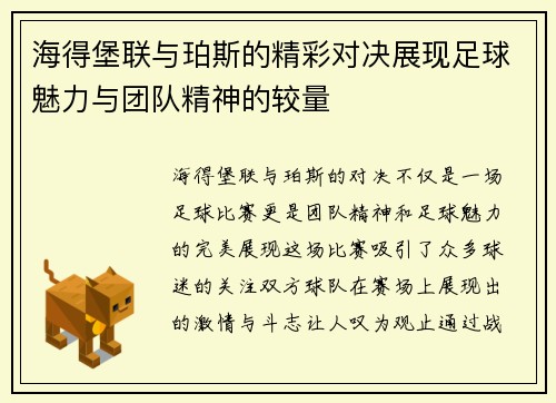 海得堡联与珀斯的精彩对决展现足球魅力与团队精神的较量