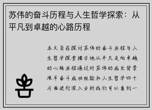 苏伟的奋斗历程与人生哲学探索：从平凡到卓越的心路历程
