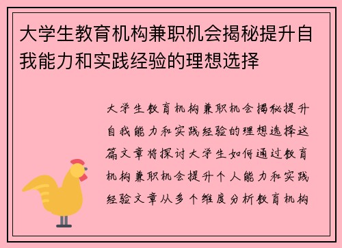 大学生教育机构兼职机会揭秘提升自我能力和实践经验的理想选择