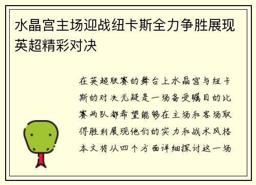 水晶宫主场迎战纽卡斯全力争胜展现英超精彩对决