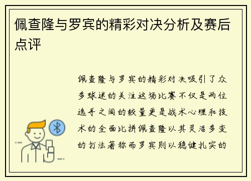佩查隆与罗宾的精彩对决分析及赛后点评