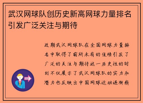 武汉网球队创历史新高网球力量排名引发广泛关注与期待
