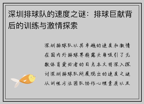 深圳排球队的速度之谜：排球巨献背后的训练与激情探索