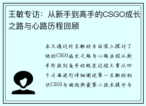 王敏专访：从新手到高手的CSGO成长之路与心路历程回顾