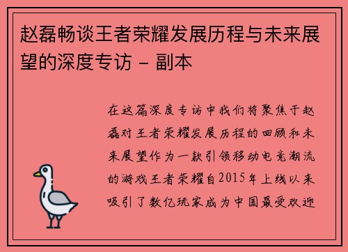 赵磊畅谈王者荣耀发展历程与未来展望的深度专访 - 副本